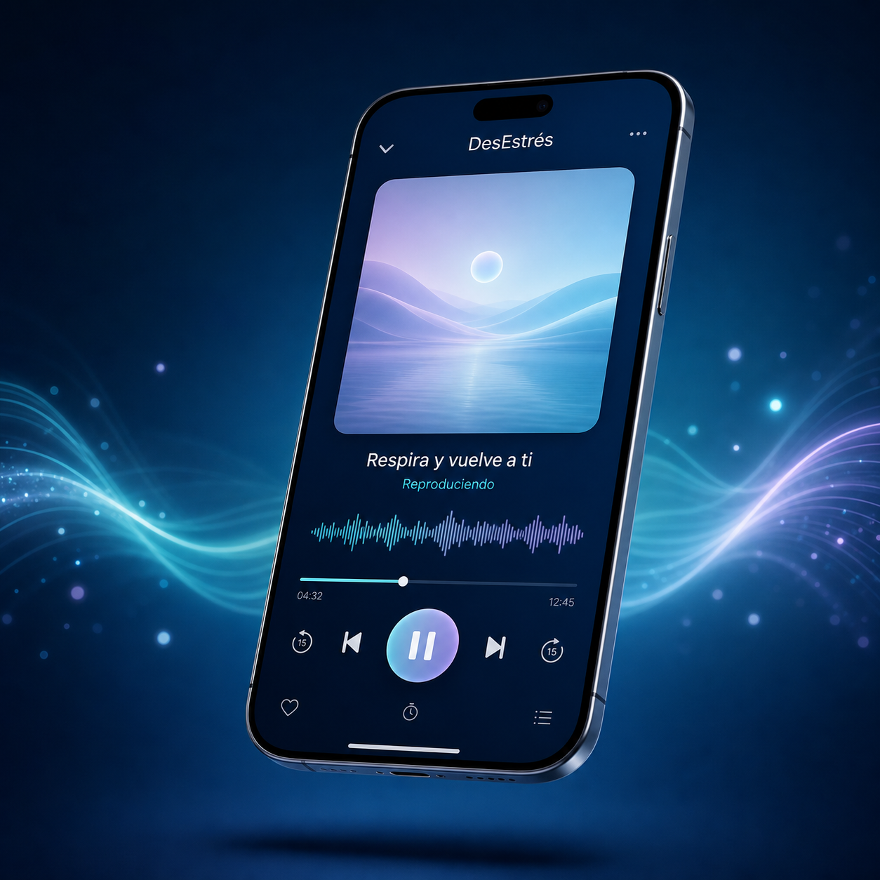 Móvil con la aplicación DesEstrés reproduciendo un audio de relajación
